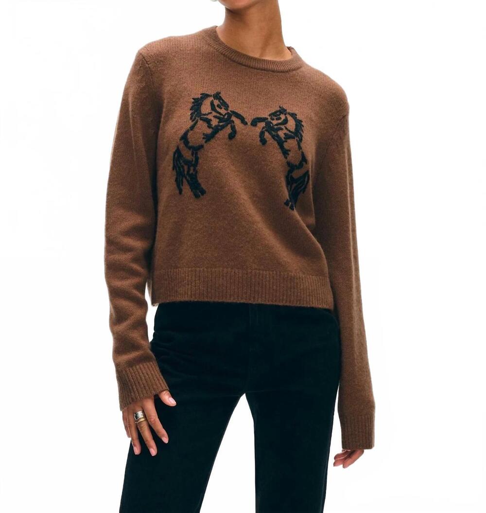 NEW WHITE + WARREN cashmere blend horse embroidered crew sweater in umber/black